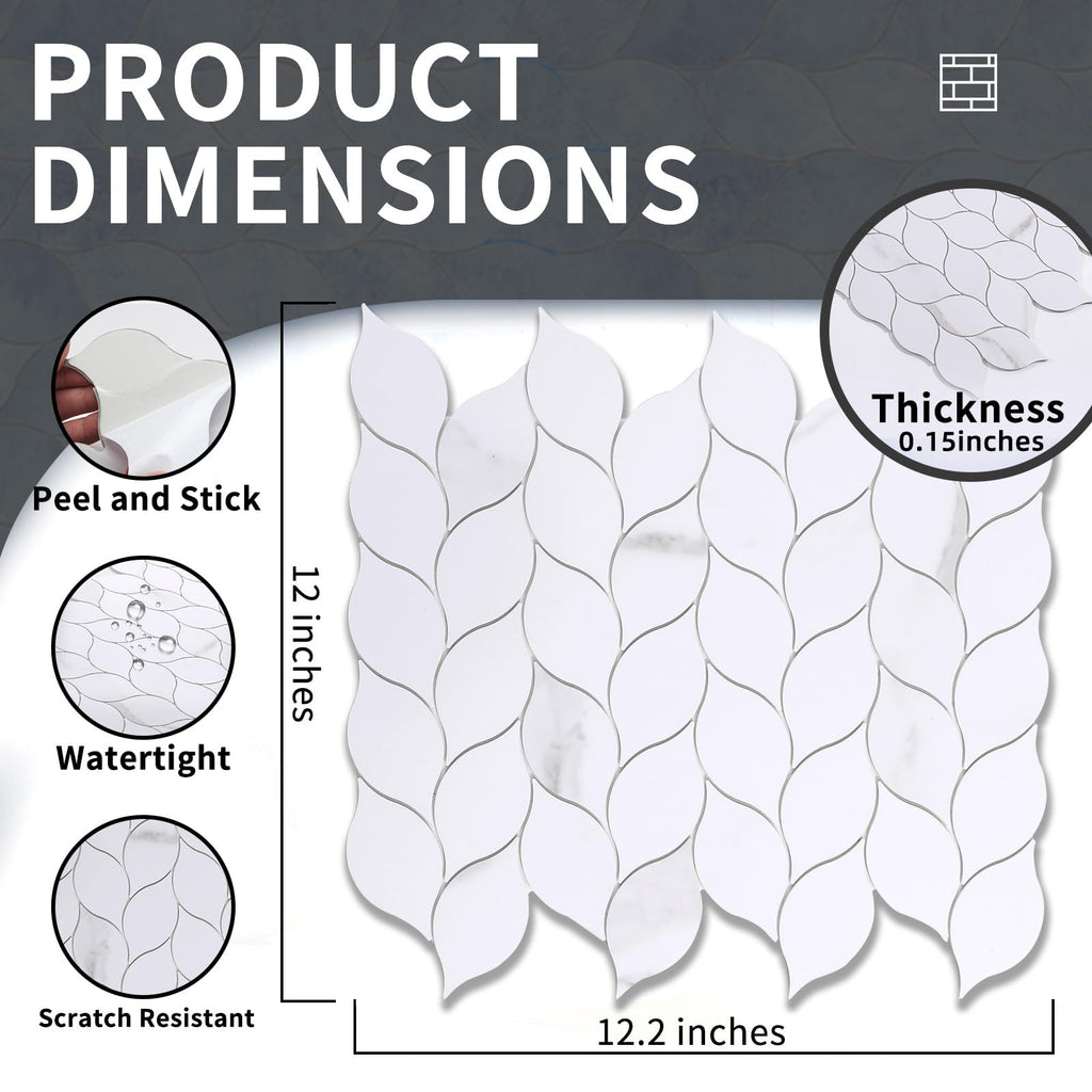 10-Sheet Peel and Stick Backsplash Tile , Self-Adhesive Mosaic Glossy Leaf Stick on Wall Tile with Gaps (Calacatta