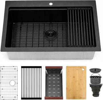 Black Drop Sink 33" X 22",Top Mount 16 Gauge Stainless Steel Workstation Sink,Deep & Large Single Bowl Kitchen Sinks