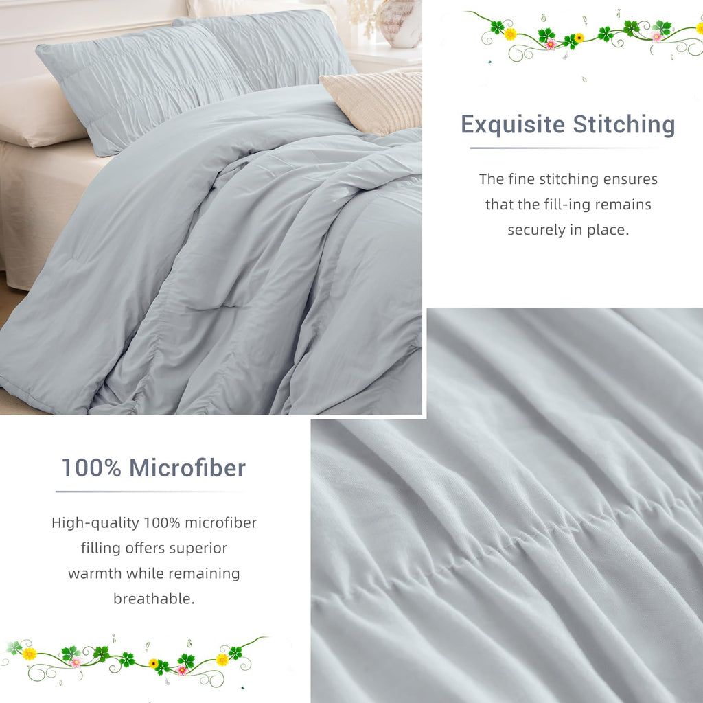 Comforter Set Light Blue Ruched Bedding Comforter Sets, Ultra Soft Ruffle Fluffy 106"*95" Shabby and