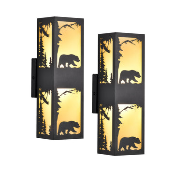Rustic Exterior Wall Lights with Bear Pattern, Black Porch Lights Outdoor with Warm Amber Lampshade, Waterproof Up