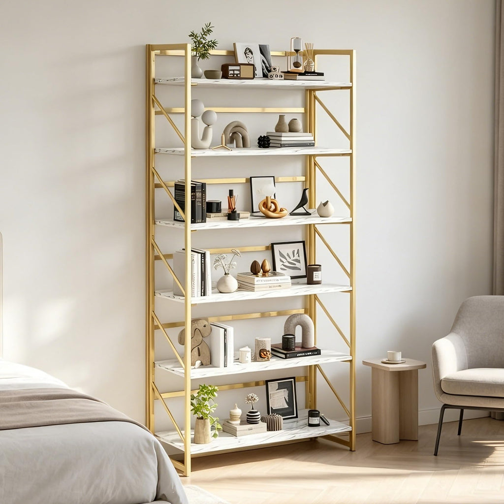 6 Tier No Assembly Folding Bookshelf, 30.7" Wide Foldable Storage Bookcase, Space-Saving Storage Shelf (White&Gold)