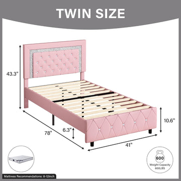 Twin Bed Frame with Headboard, Princess Twin Bed Frames for Kids | Faux Leather Upholstered Bed with Diamond Tufted