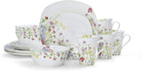 Wildflower Garden Dinnerware Set, 16-Piece Bone China Dishes Service for 4, Square Plates and Bowls Set with Mugs
