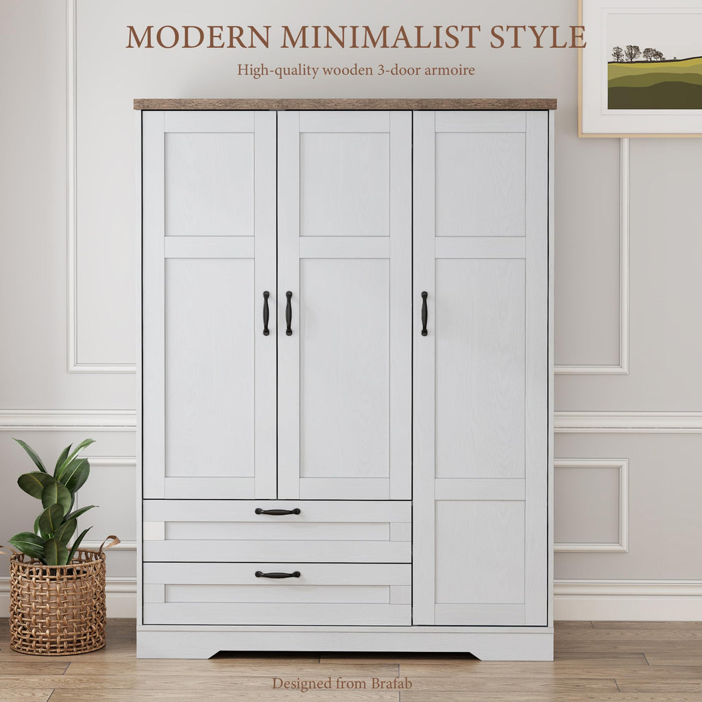 62" Wooden Armoire Wardrobe Closet with Mirror, White, 3 Doors