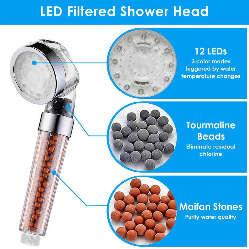 Temperature Controlled 3-color Changing Shower Head Kit, Water Saving Showerheads with Filtration Beads, LED High