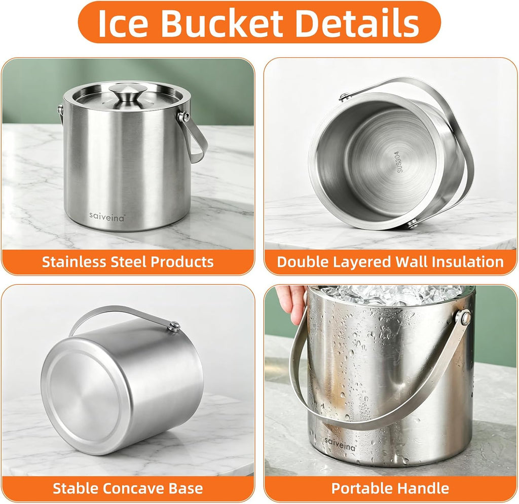 3L Double-Wall Stainless Steel Ice Bucket with Lid, Scoop, Tongs & Handle - Insulated Ice Container for Parties, Bar