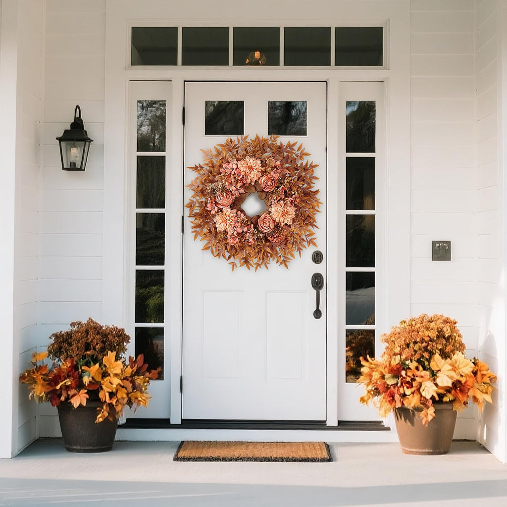 26" Artificial Silk Rose Dahlia Flower Wreath for Front Door (Fall Orange)