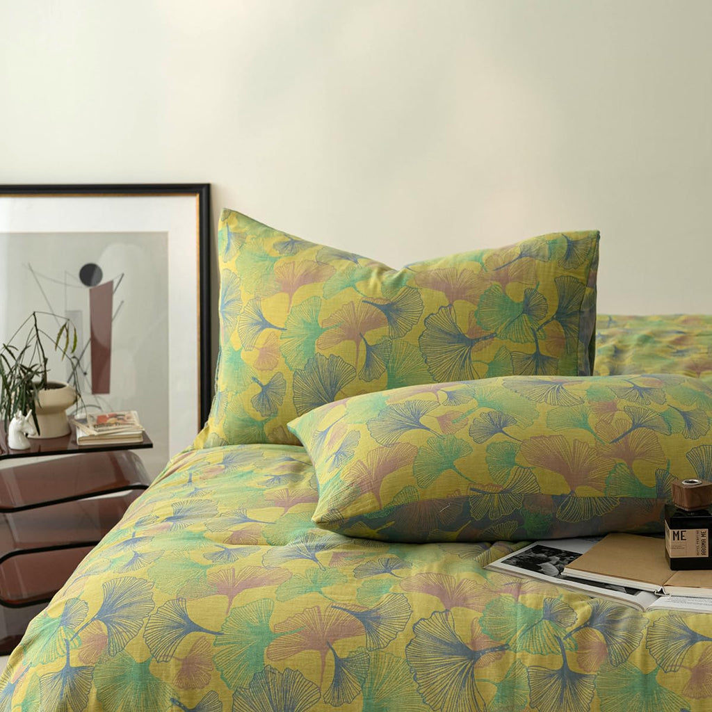 100% Cotton Gauze Jacquard Comforter Set, Floral Ginkgo Leaf Print, Soft 2 Layers Reversible Lightweight 3 Piece