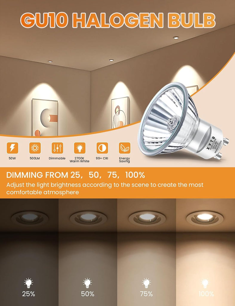 GU10 Halogen Bulb, 120V 50W Halogen Light Bulbs with Glass Cover for Candle Warmer, MR16 GU10+C 2700K Warm White