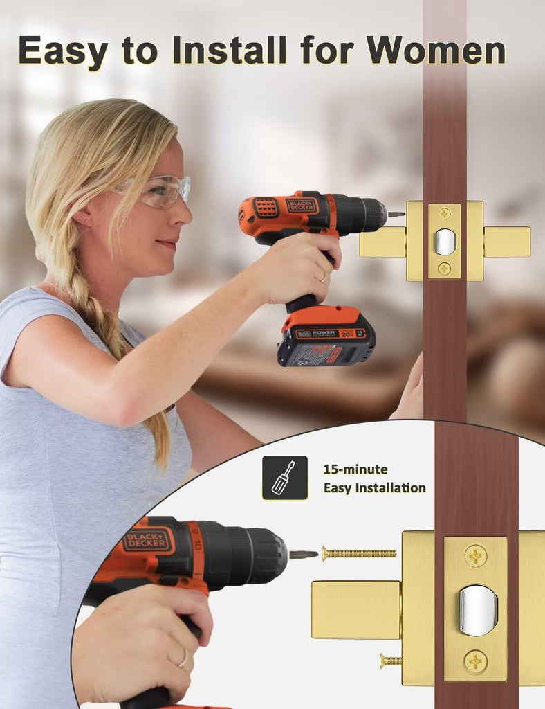 1 Pack Gold Keyless Square Levers Handles, Satin Brass Finish, Interior Passage Door Locksets for Hall Closet Door