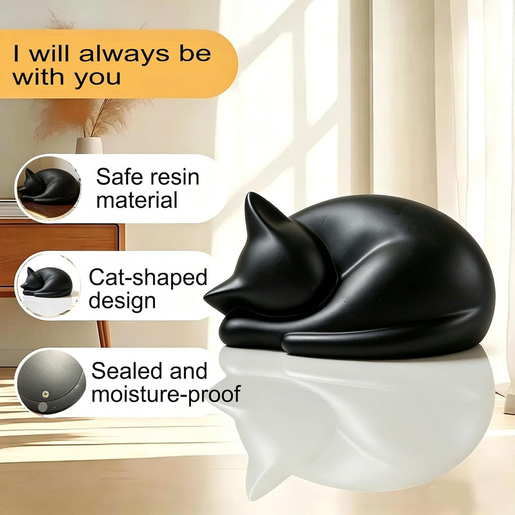 Cat Urn for Ashes - Sleeping Cat Memorial Urn for Pet Ashes, Matte Black Resin Cremation Urn for Cats, Forever