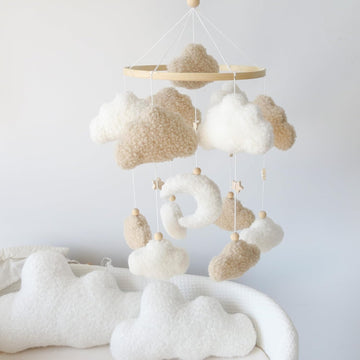 Neutral Boho Cloud Mobile for Crib with Moon Neutral Baby Crib Mobile Boho Crib Mobile Boucle Baby Mobile for Crib