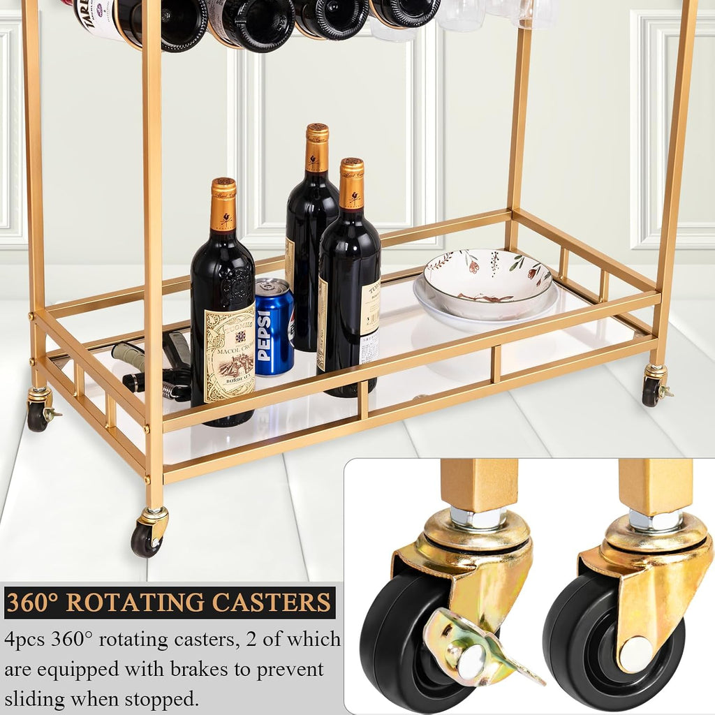 Gold Bar Cart, Gold Bar Cart with Wheels, Home Bar & Serving Carts with 2 Mirrored Shelves, Bar Carts for The Home