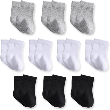 Baby Crew Socks, Cotton Rich Fit, Black White Gray 10 Pack for Girls & Boys