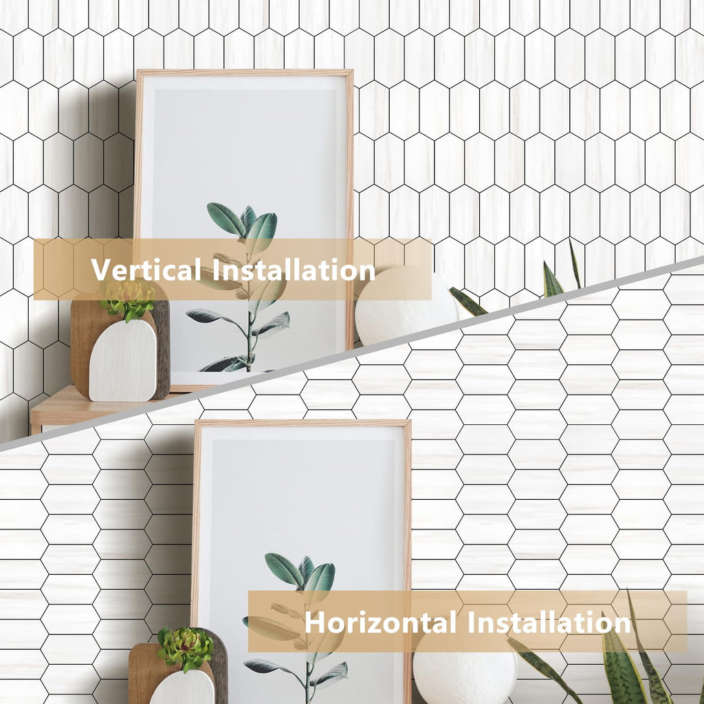 Long Hexagon Peel and Stick Backsplash Tile - 10 Sheets Stick on Backsplash 12.4 x 12 Inch Dolomite Marble Look PVC
