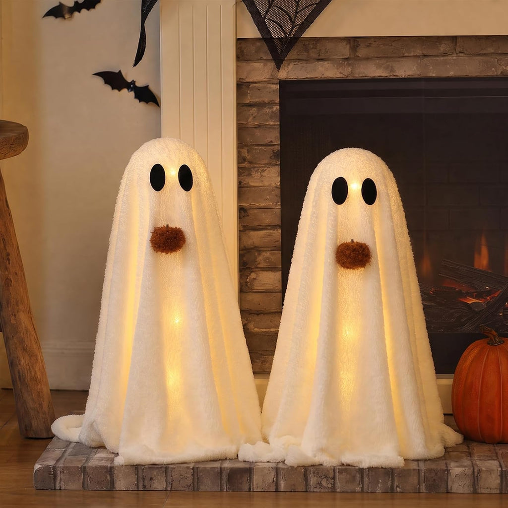 Halloween Decorations-2 Pack Light-Up Sherpa Ghosts with Pumpkin - Set of 2