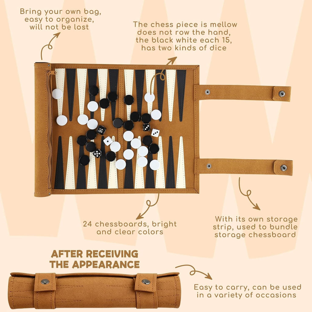 Travel Backgammon Set, Lightweight Roll-up Classic Board Game Travel Backgammon Sets for Adults, Portable Chess Set