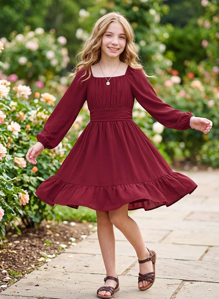 Girls Long Sleeve Tie Back Dress Fall Casual A-Line Ruffle