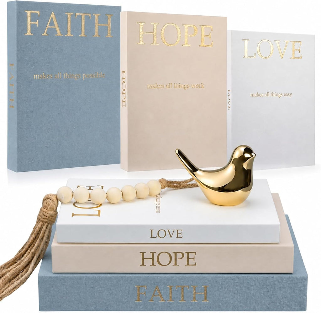 Set of 3 Linen Decorative Books Set Includes Gold Bird and Wooden Beaded Tassel Elegant Aesthetic Fake Books for