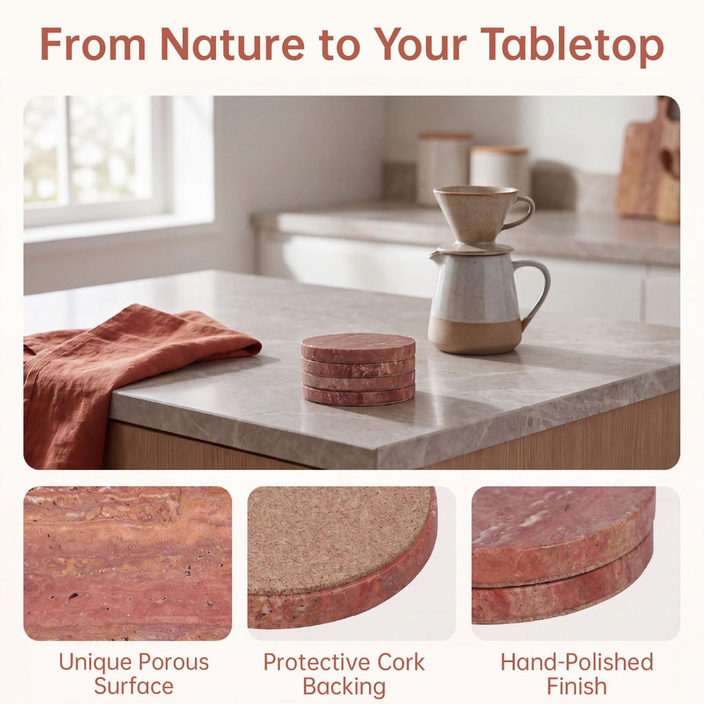 Red Travertine Coasters Set of 4, 10cm Diameter Natural Stone Coasters with Non-Slip Cork Backing, for Coffee Table