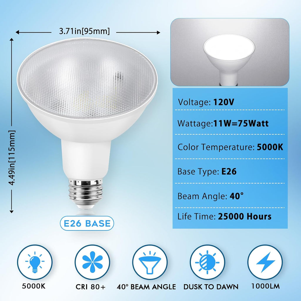 PAR30 Outdoor Flood Light Bulbs,11W 1000LM 5000K Daylight White