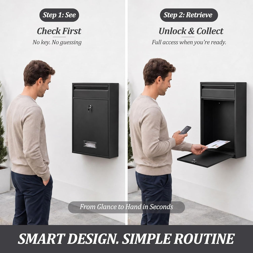 Locking Wall Mount Mailbox with Integrated Bend Handle & Bottom View Window