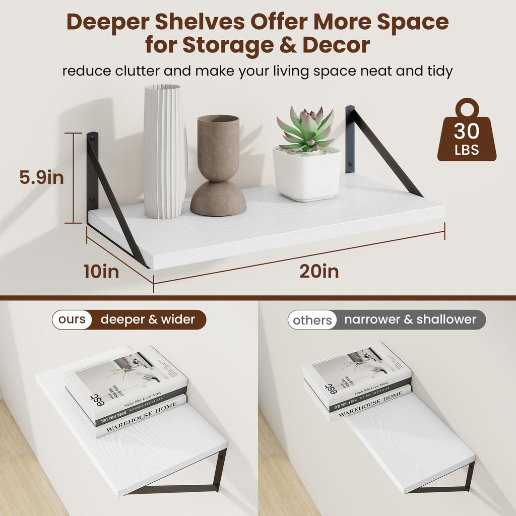 20 Inch Floating Shelves, 10 Inch Deep White Wall Shelves Set of 2