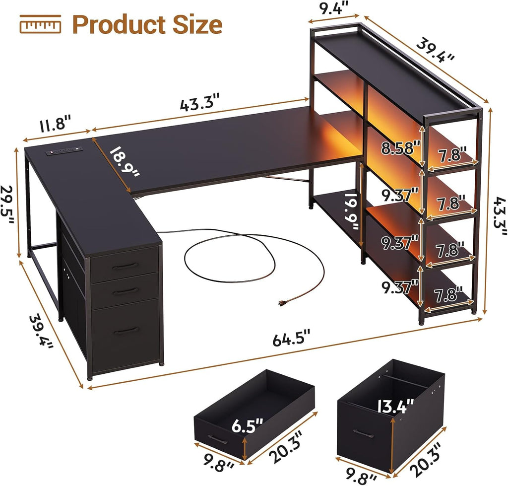 64.5" Reversible L Shaped Gaming Desk with Storage Drawers, Shelves | U Shaped Corner Computer Desk with 3 Fabric