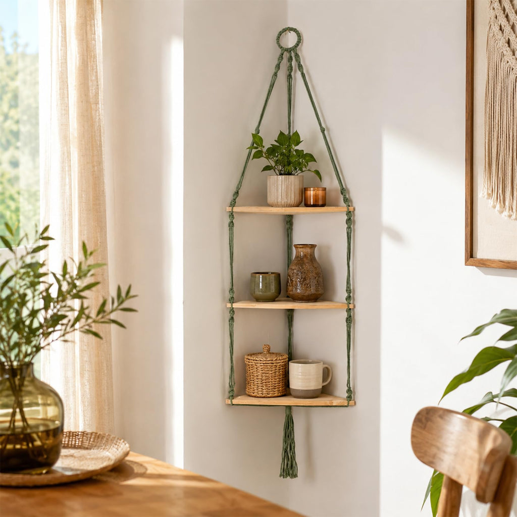 Corner Shelf Macrame Wall Hanging, Adjust Boho Storage Art, 3 Tier