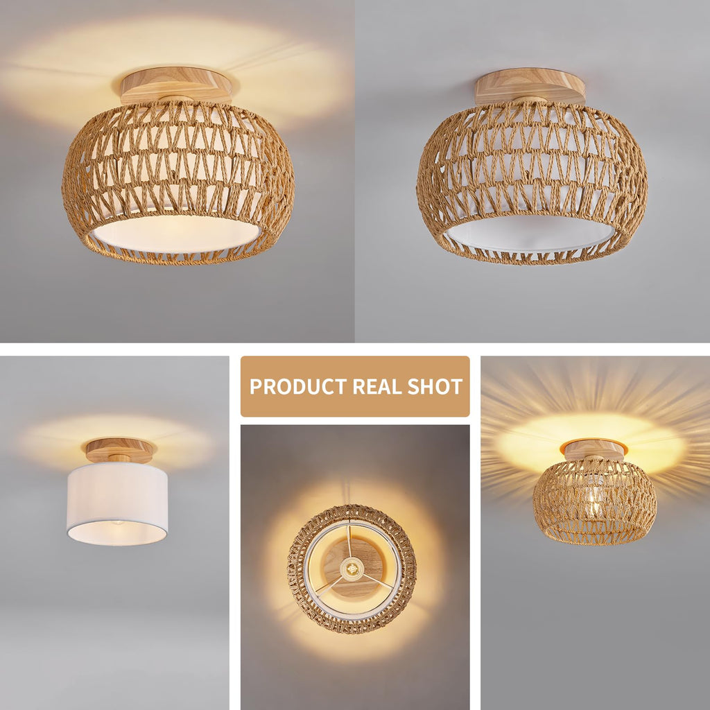 Rattan Boho Flush Mount Ceiling Light - 12′′ Bohemian Wicker Light Fixtures