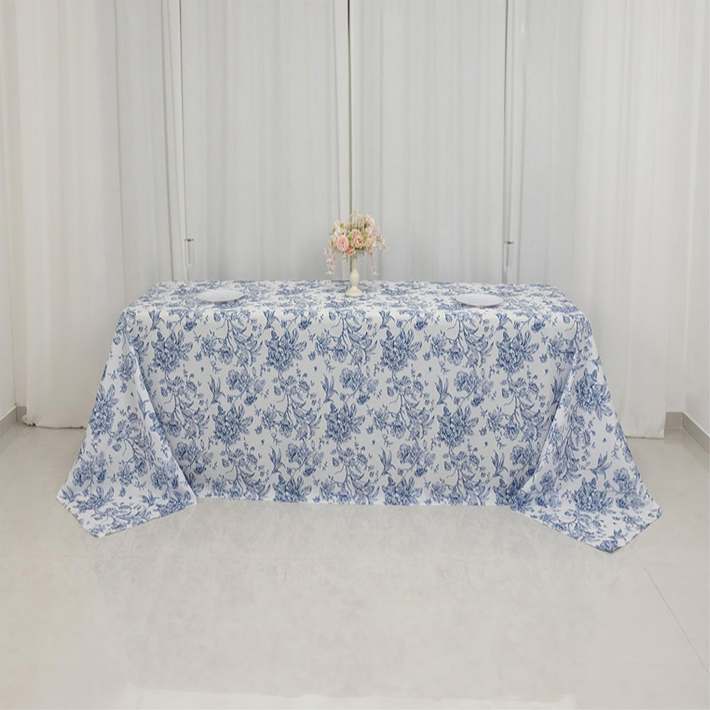 90"x132" White with Blue French Toile Pattern Wholesale Linens Polyester Tablecloths Banquet Linen Wedding Party