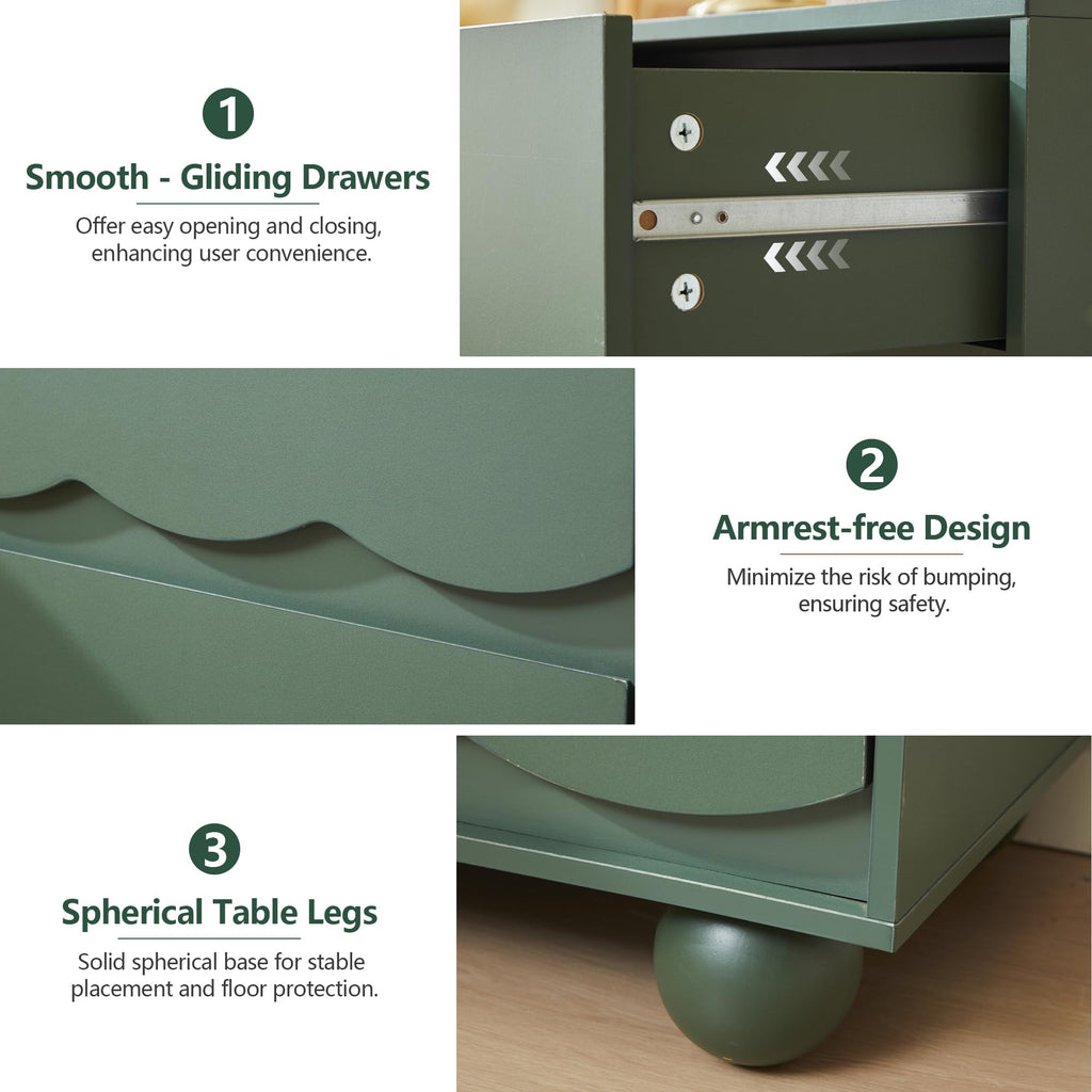 3 Drawer Dresser, 23.6" Green Mid Century Modern Wave Front Chest of Drawers with Anti-Tip Device, Handleless Wooden