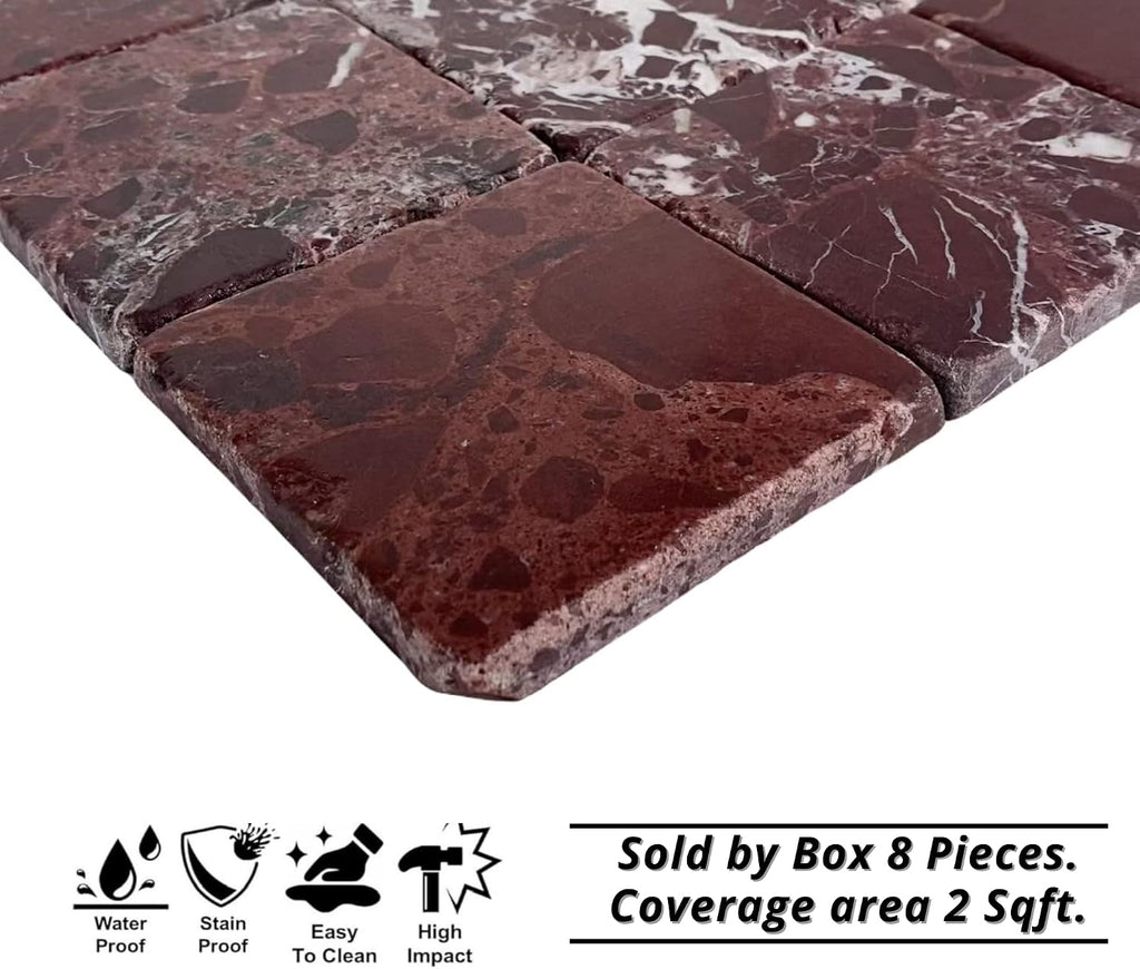 Rosso Rosa Levanto Burgundy Marble 4x4 Inch Antique Tumbled Aged Tile for Fireplace Surround, Wall Floor Bathroom