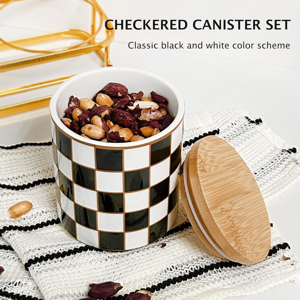 Small Checkered Kitchen Canister with Black Metal Stand,17/19/27oz - Set of 3
