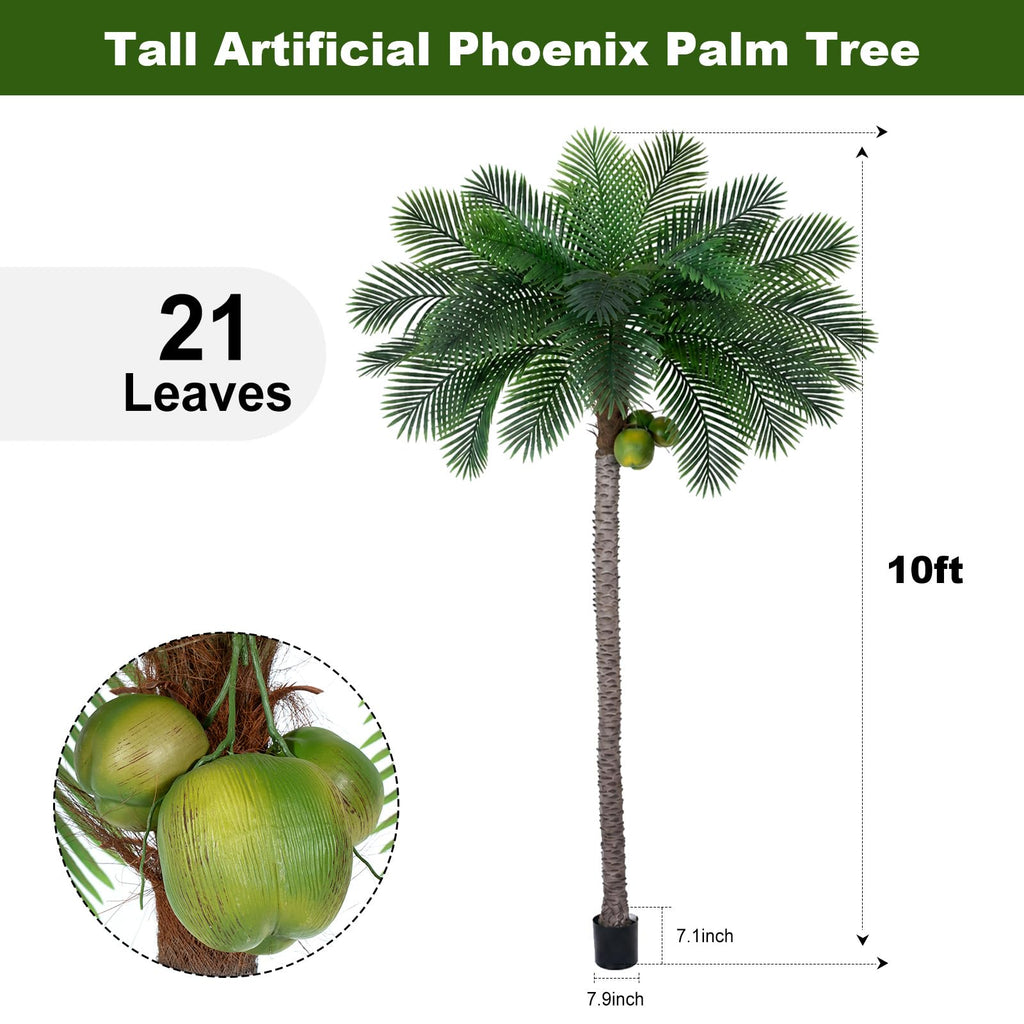 10ft Tall Artificial Phoenix Palm Tree with 3 Coconut Fruits, Large Fake Tropical Silk Tree Outside, Fake Tree