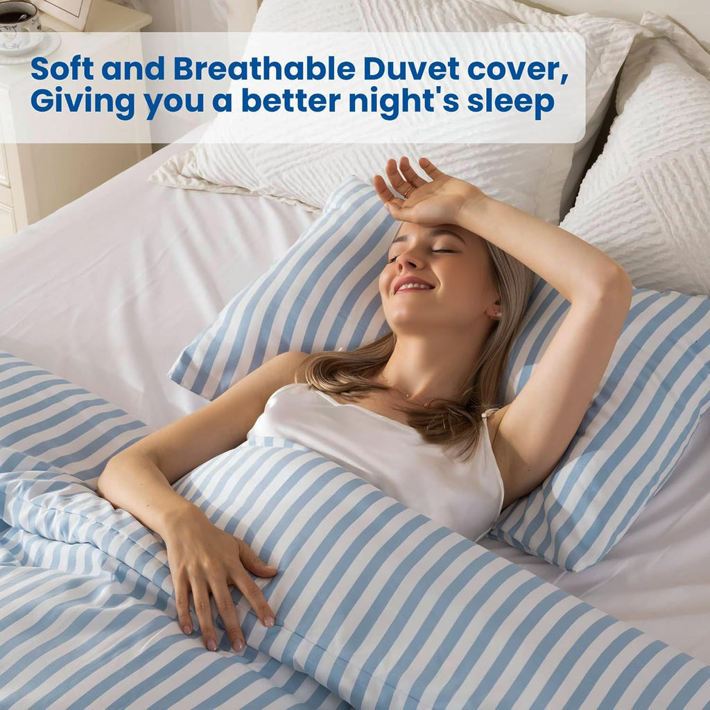 Duvet Cover Set, Blue Striped Comforter Cover with Button Closure, Breathable and Cooling, Includes 1 Duvet
