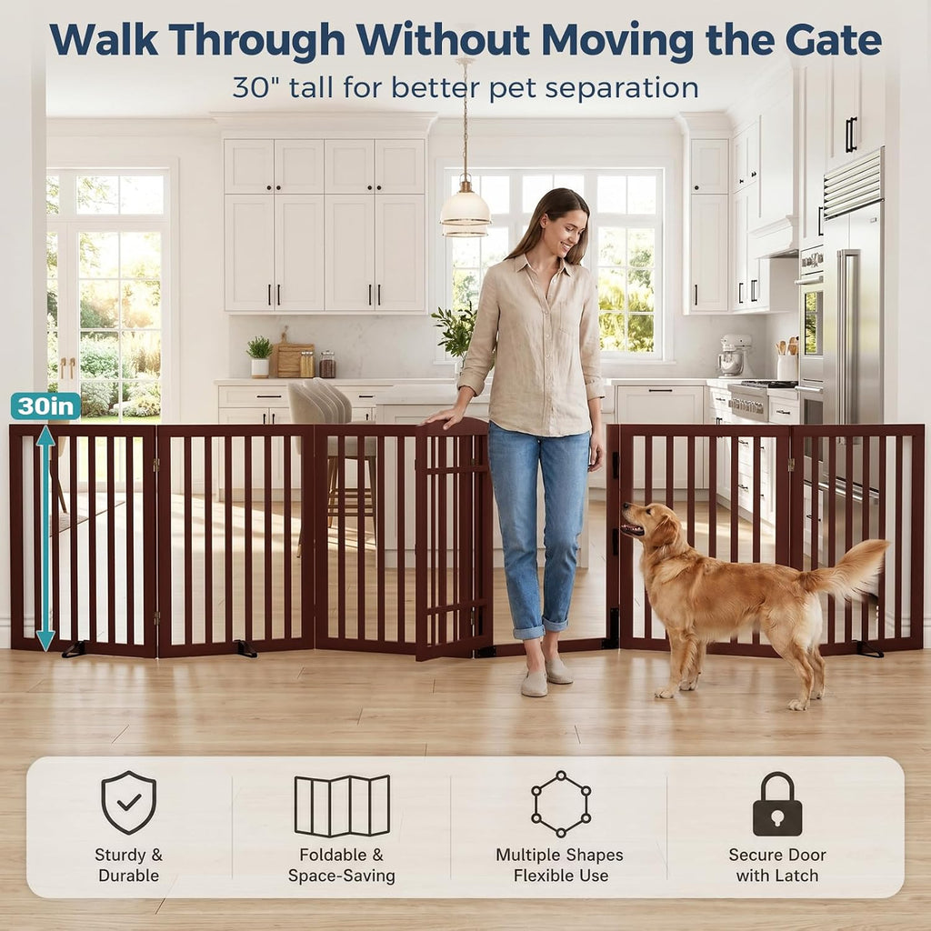 Dog Gate Indoor, 132" Wide Bamboo Pet Gate with Door, 30"H, Espresso