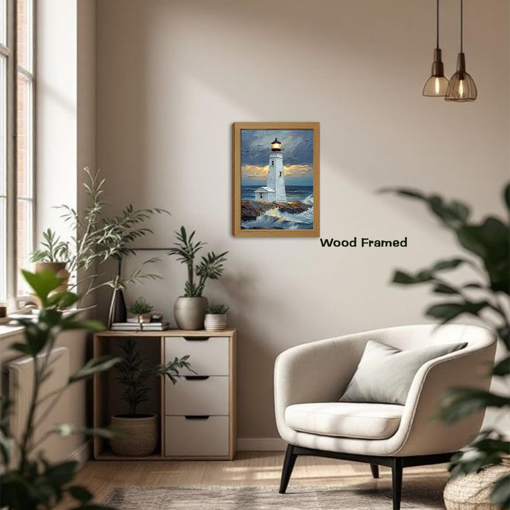 Blue Ocean Island Lighthouse Wall Art, 24x16inch Wood Framed
