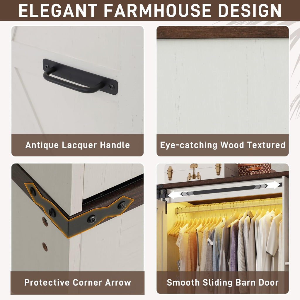 Farmhouse 3 Doors Armoire Wardrobe Closet w/Folding Sliding Barn Door and Lights, LED Armoire Closet w/Drawers