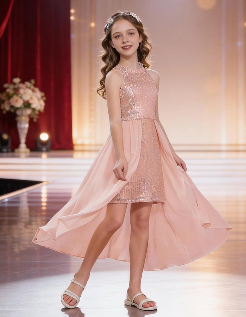Girls Halter Neck Sequin Dress Kids Fancy Formal Party Christmas Sparkly Pageant Birthday Dresses