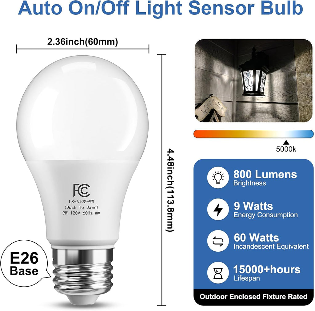 Dusk to Dawn Light Bulb Outdoor, Light Sensor, Automatic on/Off, 5000K