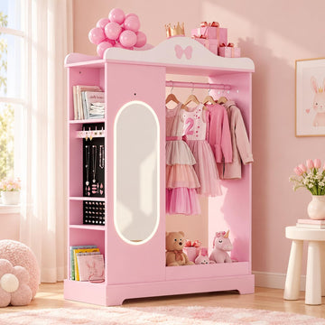 Kids Dress Up Storage with Lighted Mirror, Open Hanging Armoire, Pink