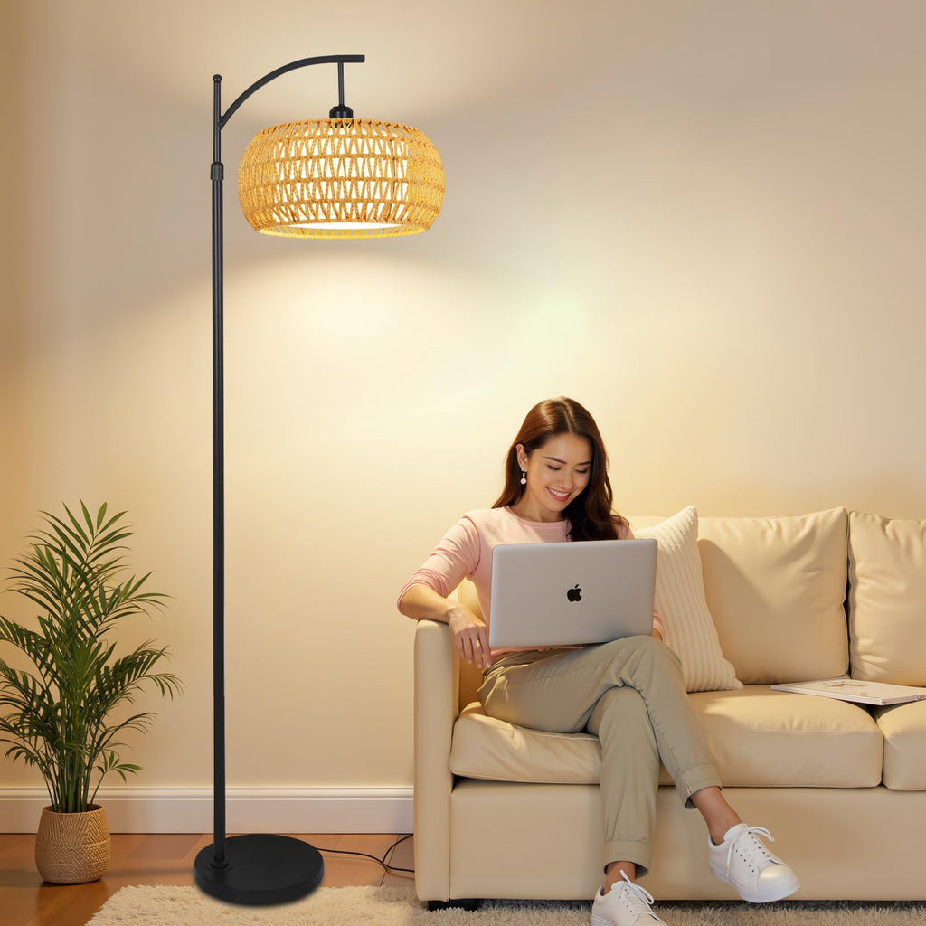 Arc Floor Lamps Rattan Boho Floor Lamp with Remote Control, Dimmable LED Floor Lamps Wicker Lamp Shades Black Standing