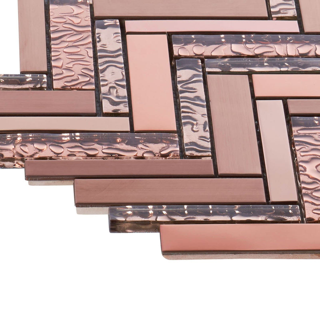 Herringbone Rose Gold Copper Stainless Steel Blended Glass Metal Mosaic Tile Mesh Mounted Backsplash