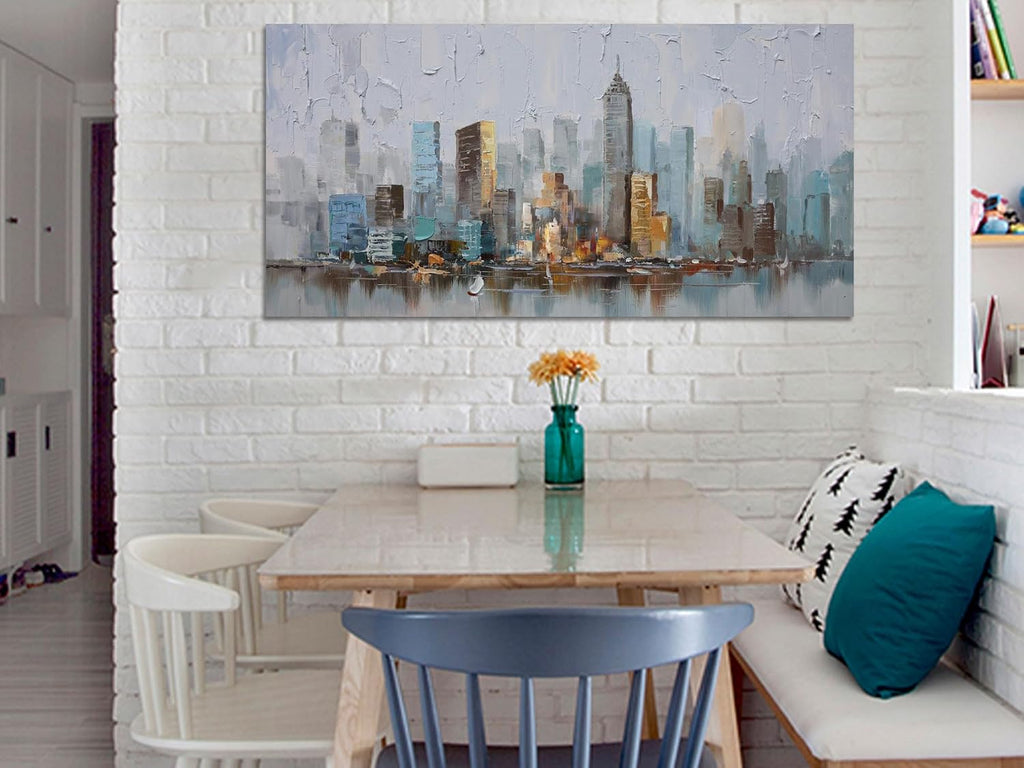 Abstract Cityscape Canvas Wall Art New York City Painting Modern Skyline Colorful NYC Grey Blue Picture, Large