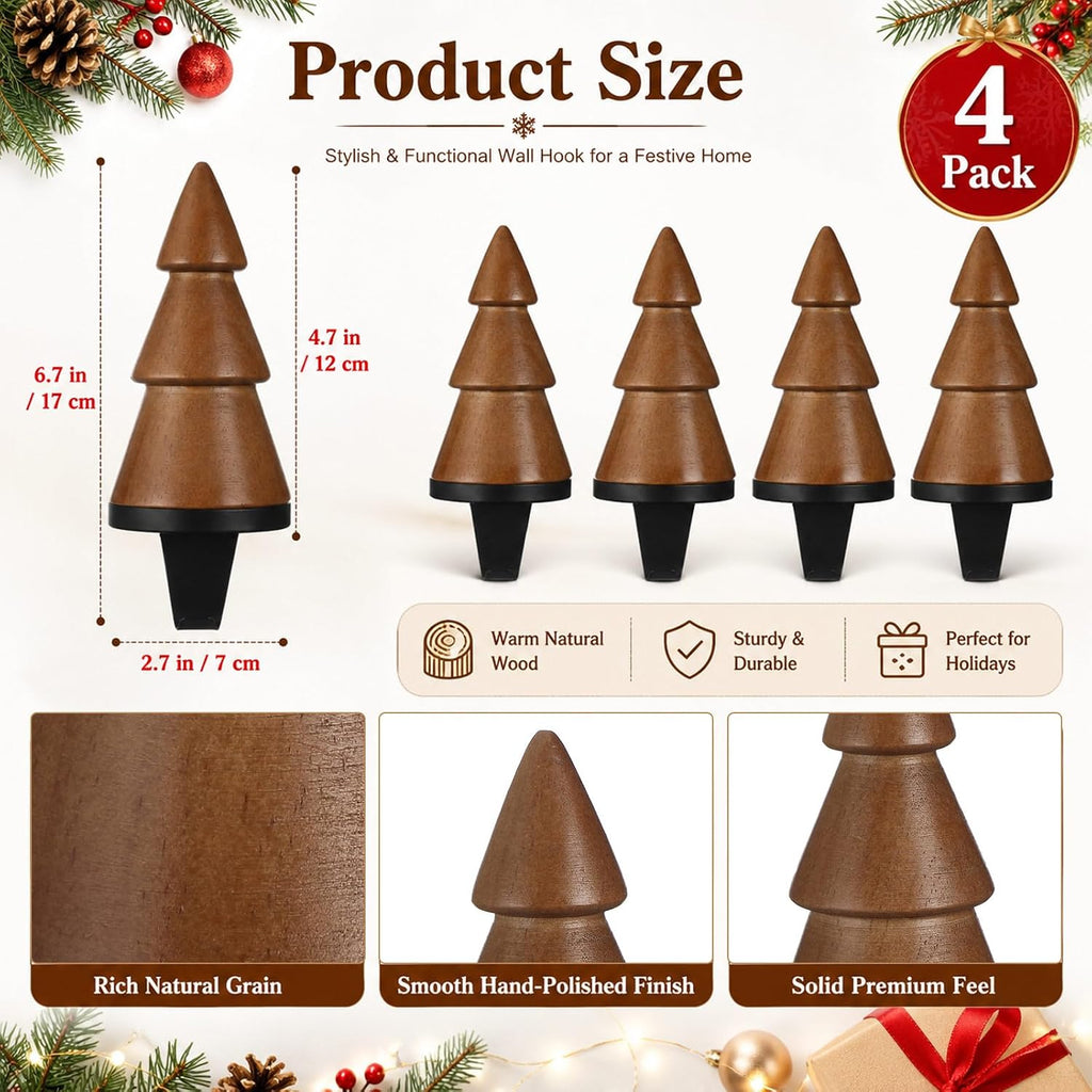 4 Pack Wooden Christmas Tree Stocking Holder for Mantle, Brown