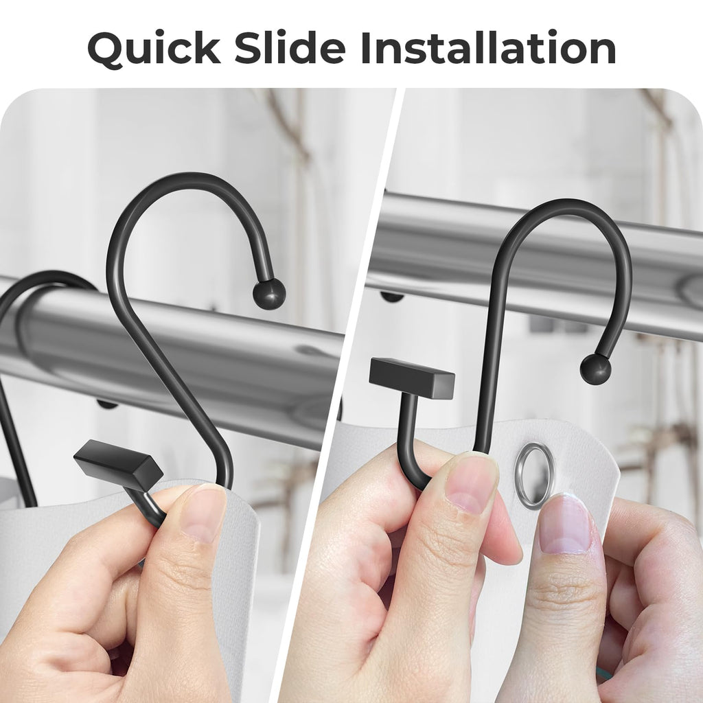 Shower Curtain Hooks, Black Shower Curtain Rings Rust Proof, 12PCS Shower Hooks for Shower Curtain, T-Bar Design