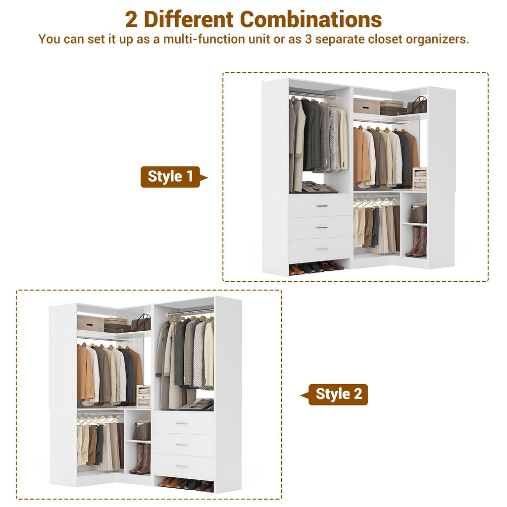 Closet System with 3 Drawers, 2 Hanging Rods & Corner Tower, Corner Closet System with Hanging, L-Shaped Walk-In
