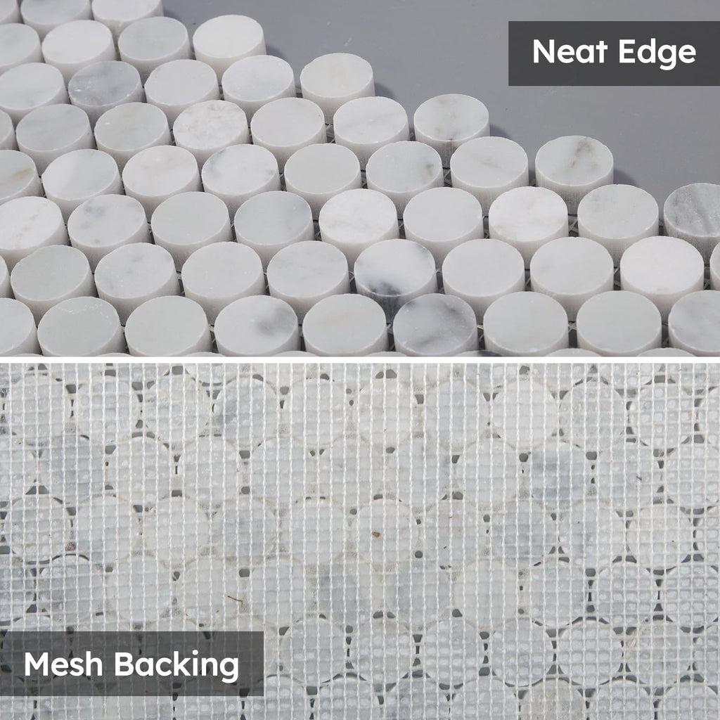 White Marble Mosaic Tile, 3/4 Inch Penny Round, Polished, 5 Sheets