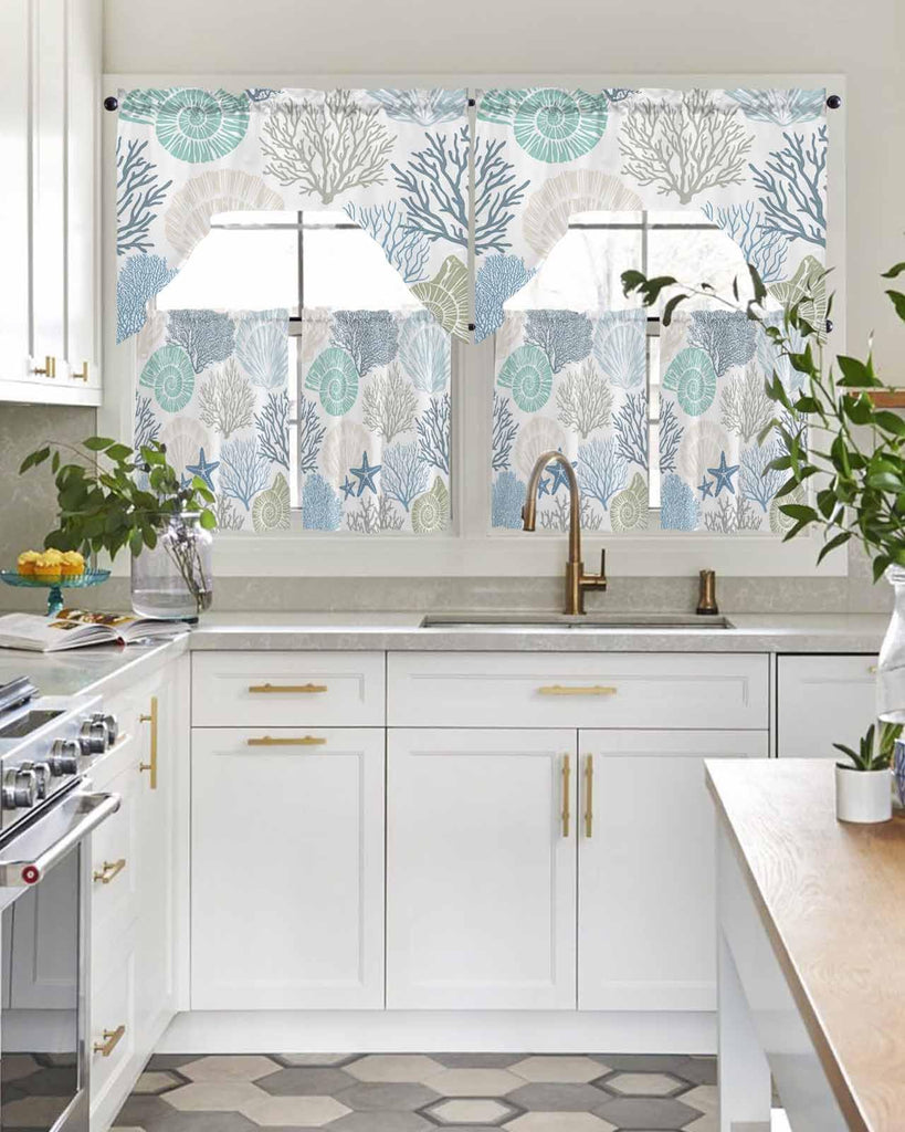 Kitchen Curtains Sets 24 Inch Length with Valance, Ocean Coral Seashell Starfish Abstract Swag Valances for Windows